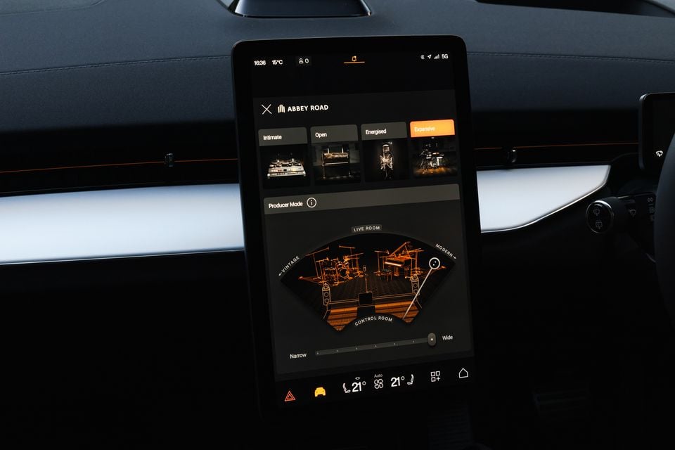 The touchscreen infotainment display in a Polestar 3 showing the Abbey Road audio system interface with Producer Mode and sound stage controls