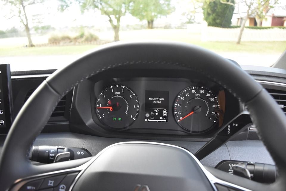 Instrument cluster of a 2026 Renault Master showing tachometer, speedometer and a central display reading 'My Safety Perso selected', viewed from the driver's seat