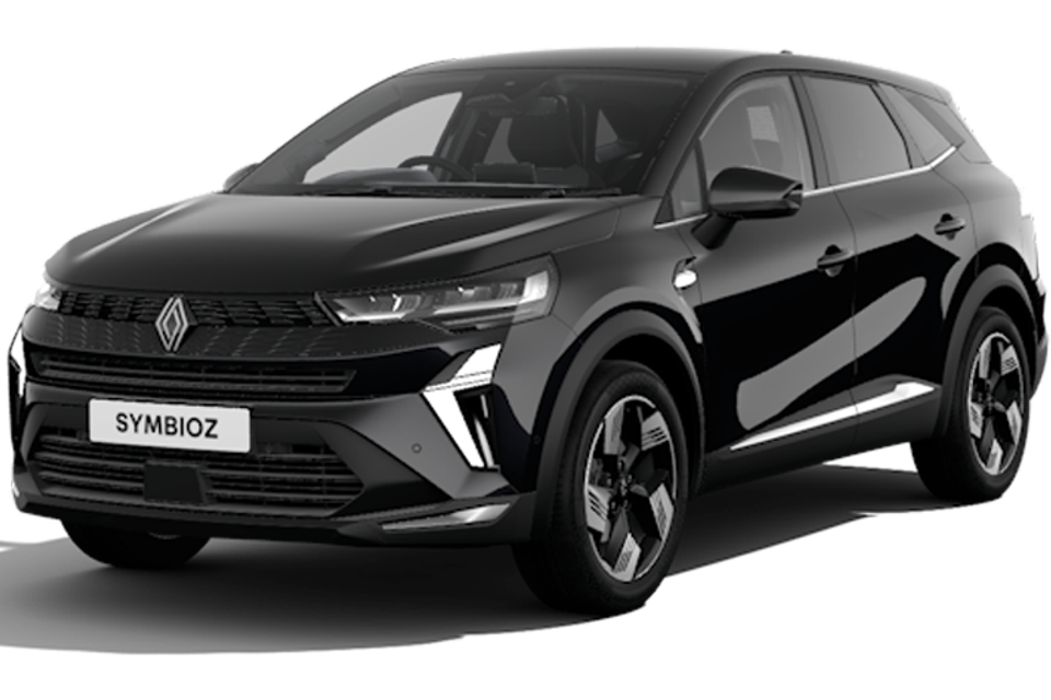 A black 2026 Renault Symbioz SUV seen from the front three-quarter angle on a white background