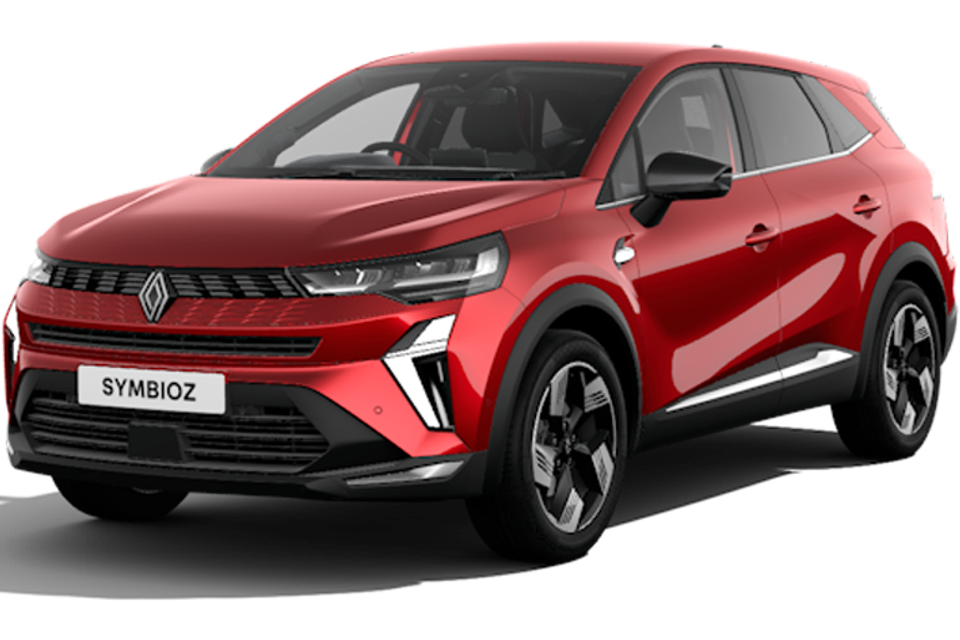 A red 2026 Renault Symbioz SUV seen from the front-side against a white background