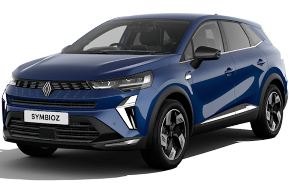 Renault Symbioz SUV in Iron Blue, seen from the front three-quarter angle on a white background