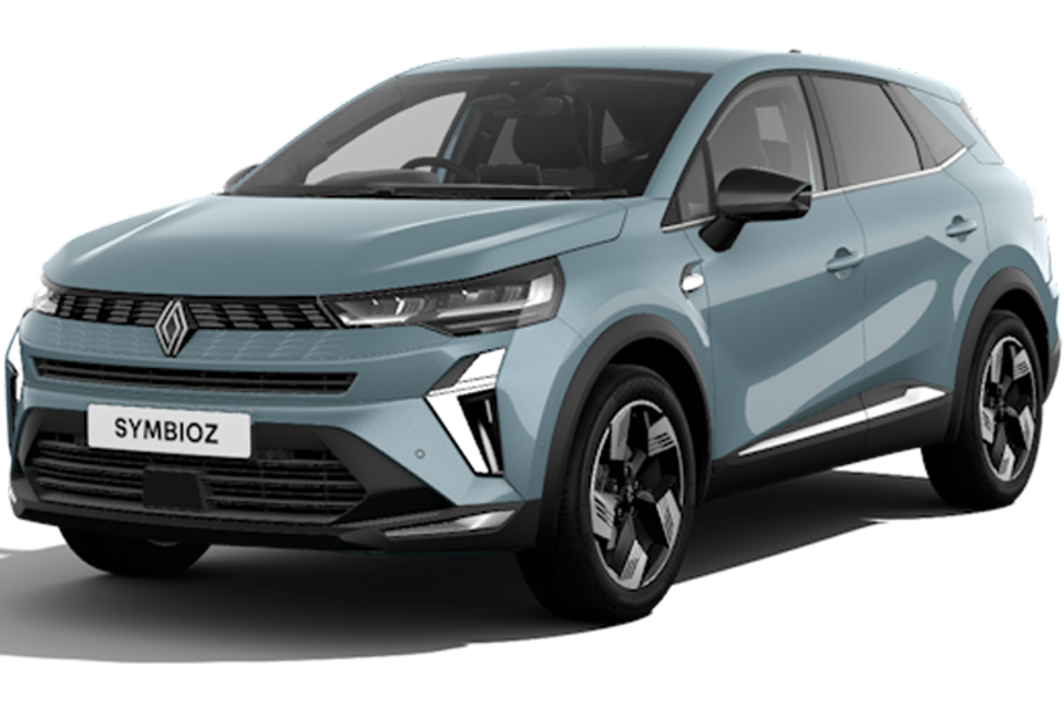 Renault Symbioz SUV in Mercury Blue, seen from the front three-quarter angle on a white background