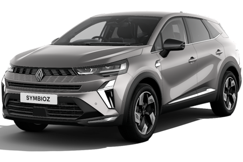 A silver-grey 2026 Renault Symbioz SUV seen from the front-side angle on a white background
