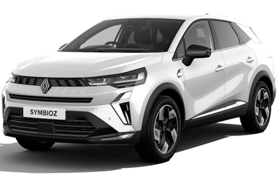 2026 Renault Symbioz SUV in Pearl White, seen from the front three-quarter angle against a white background.