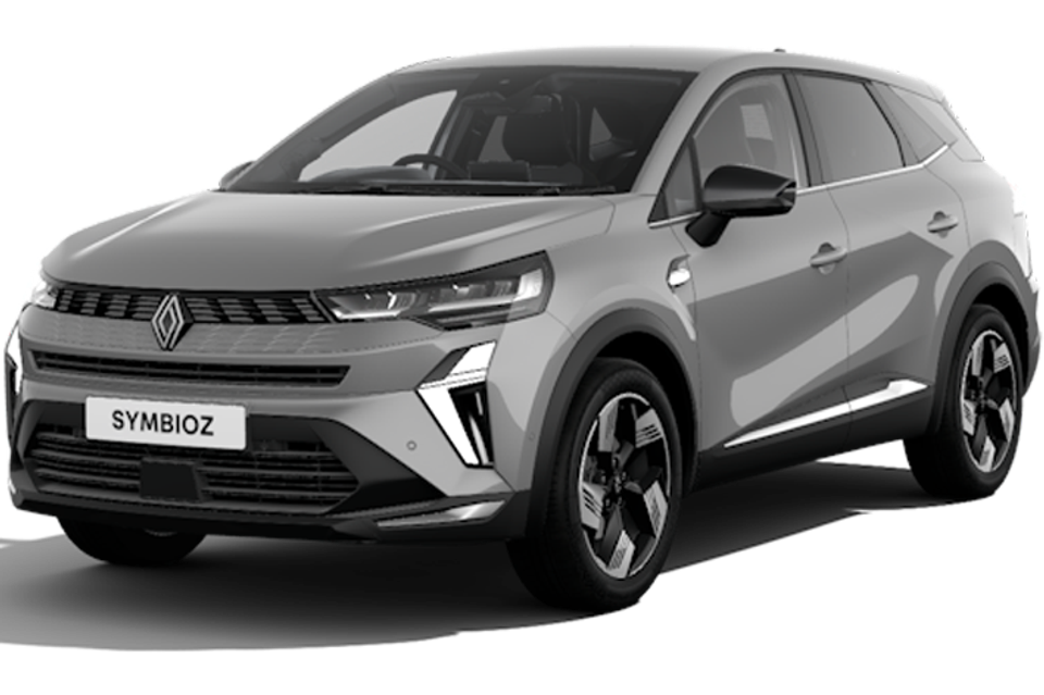 A grey 2026 Renault Symbioz SUV seen from the front-side on a white background