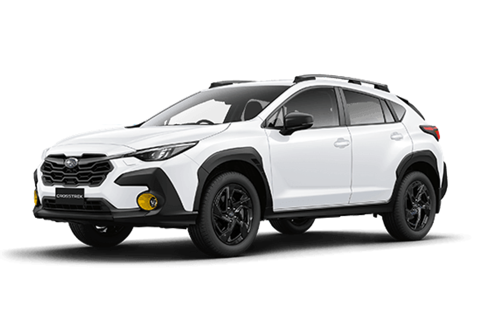 A white 2026 Subaru Crosstrek Sport Special Edition SUV seen from the front-side, featuring black alloy wheels, yellow fog lights, and black body cladding on a white background