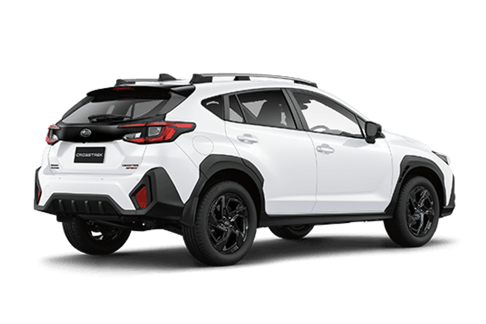 A white Subaru Crosstrek Sport Special Edition SUV seen from the rear three-quarter angle, featuring black alloy wheels, black body cladding, and roof rails on a white background.
