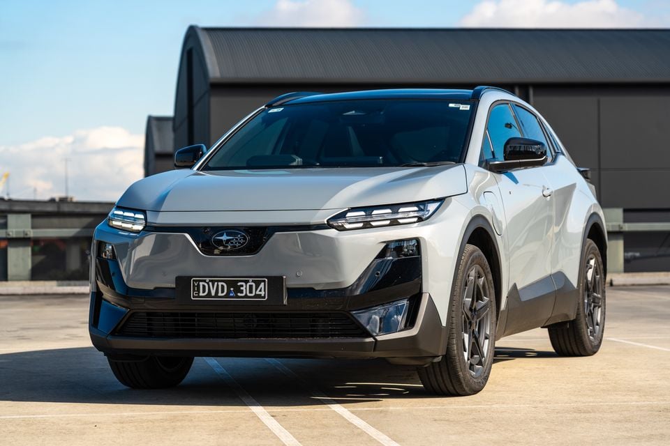 A silver 2026 Subaru Uncharted AWD SUV seen from the front on a rooftop car park