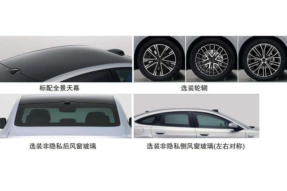 A specification sheet showing optional wheel designs, panoramic roof, rear window and side window glass options for the 2026 BYD Seal 07