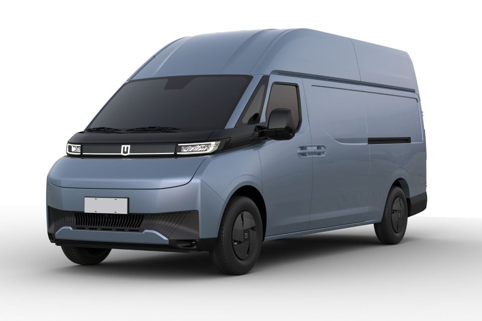 A blue 2026 Farizon SV high-roof large panel van seen from the front-left angle against a white background
