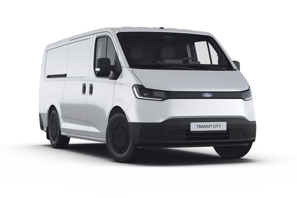 Ford Transit City van in white, seen from the front three-quarter angle on a white background