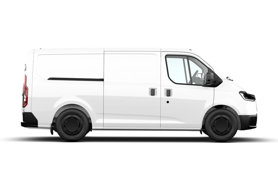 A white 2026 Ford Transit City van seen from the side, on a white background