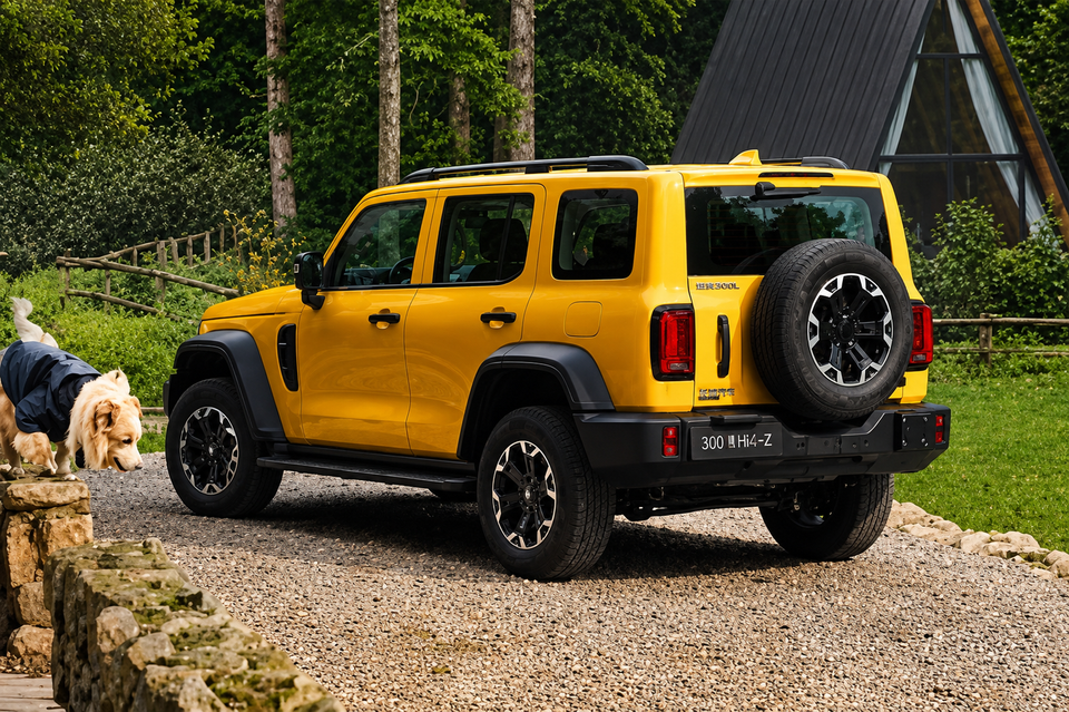 A yellow GWM Tank 300L SUV seen from the rear three-quarter angle, with a rear-mounted spare wheel, parked on a gravel driveway surrounded by greenery, with a dog nearby