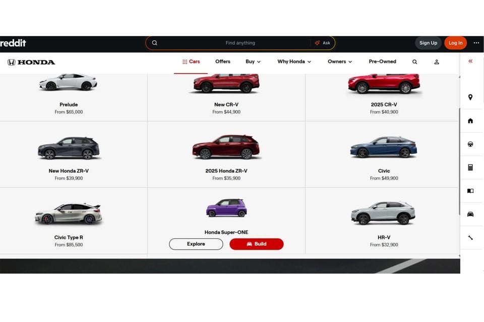 Honda Australia's car lineup page showing models including the Prelude, CR-V, ZR-V, Civic, Civic Type R, HR-V, and Honda Super-ONE with pricing, viewed on a desktop browser with a Reddit toolbar overlay
