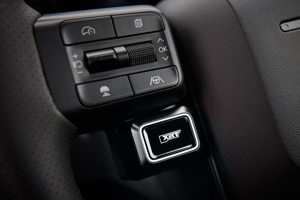 Close-up of the steering wheel controls and XRT badge on the 2026 Hyundai Palisade XRT Pro interior