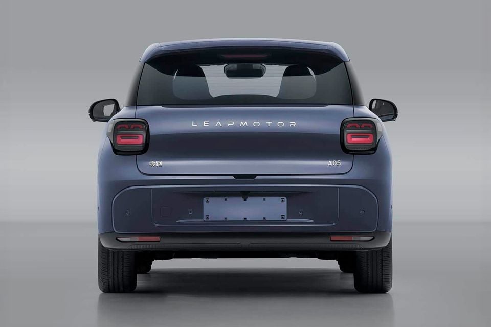 Rear view of a blue Leapmotor A05 hatchback shown against a studio background