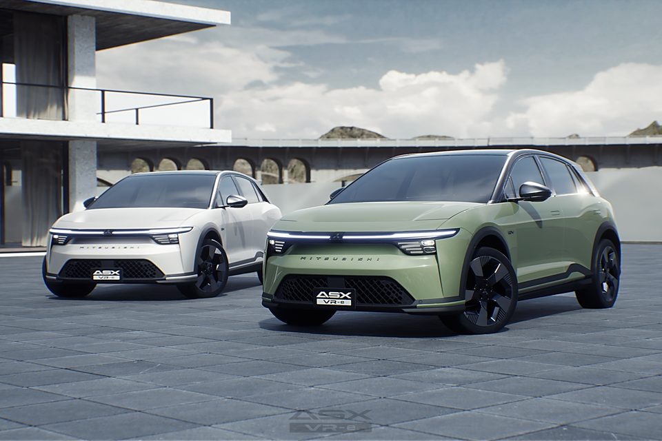 Two Mitsubishi ASX VR-e SUVs shown from the front in green and white, parked side by side in an outdoor setting