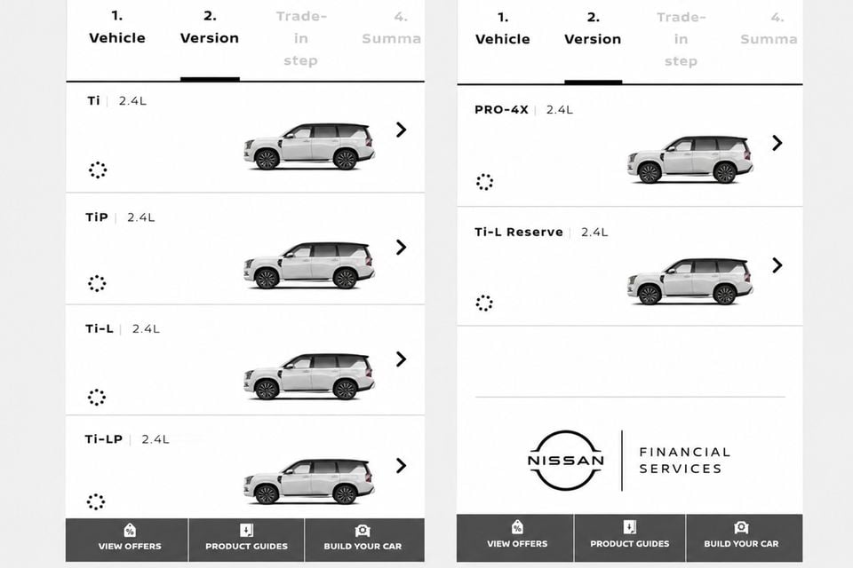 A screenshot of the Nissan Financial Services configurator app showing the 2026 Nissan Patrol Y63 variant selection screen, listing trim levels including Ti, TiP, Ti-L, Ti-LP, PRO-4X, and Ti-L Reserve, each with a side profile image of the large white SUV