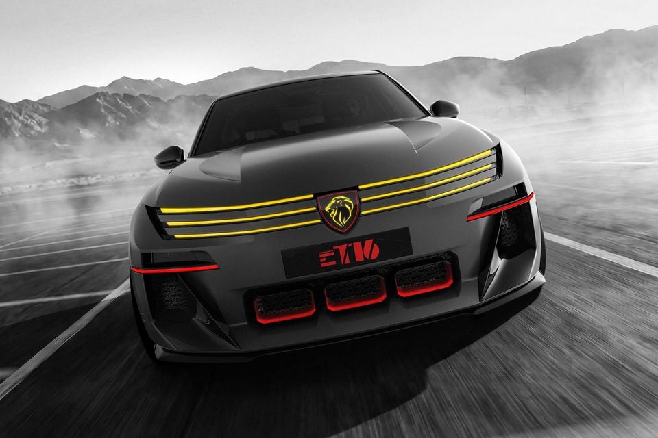 A dark grey 2026 Peugeot E-T16 concept seen from the front, with yellow light bars and red accents, driving on a dusty desert road