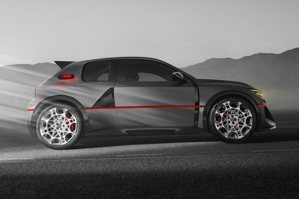 Grey Peugeot E-T16 concept hot hatch shown side-on with red light strips, white wheels and a rear spoiler against misty hills