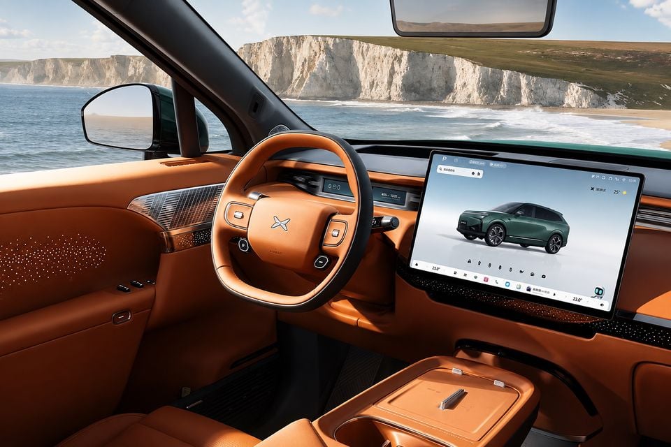 Interior of the 2026 Xpeng G9L showing the tan leather dashboard, yoke-style steering wheel with X logo, and large central touchscreen infotainment display