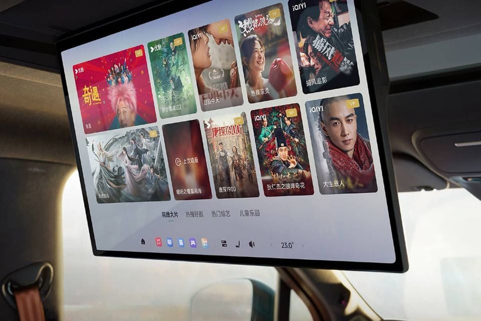 Rear-seat entertainment screen in the 2026 Xpeng G9L showing a Chinese streaming interface with movie and TV show thumbnails