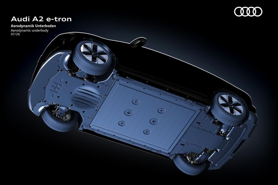 Underside view of the Audi A2 e-tron showing its flat aerodynamic underbody and battery pack layout