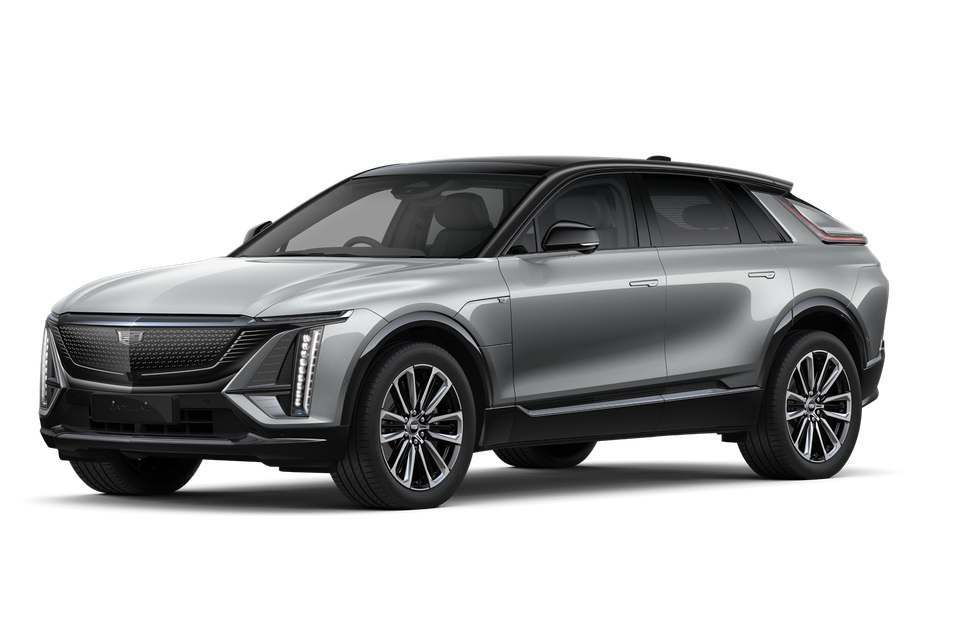 A silver Cadillac Lyriq electric SUV shown from the front-side angle against a white background