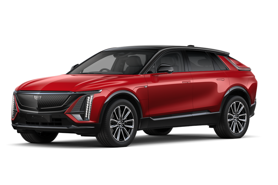 A red 2027 Cadillac Lyriq SUV on a white background, seen from the front-side angle