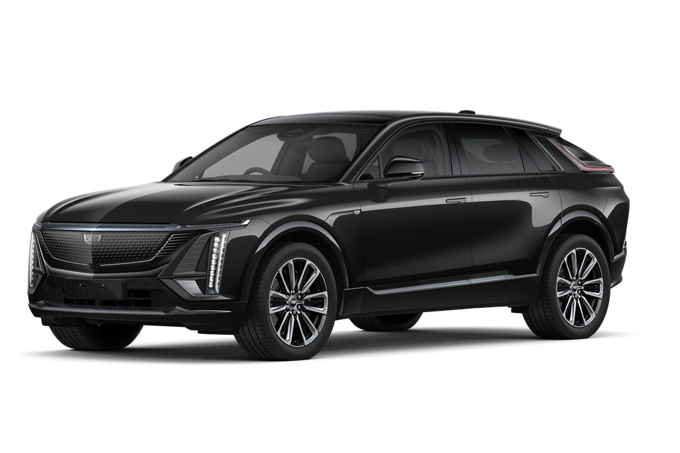 A black Cadillac Lyriq electric SUV shown from the front-side angle against a white background