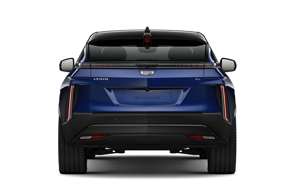 Rear view of a blue 2027 Cadillac LYRIQ E4 SUV on a white background