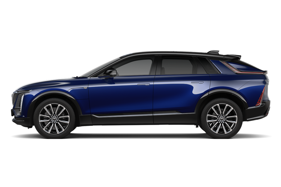 A blue 2027 Cadillac Lyriq SUV shown from the side against a white background