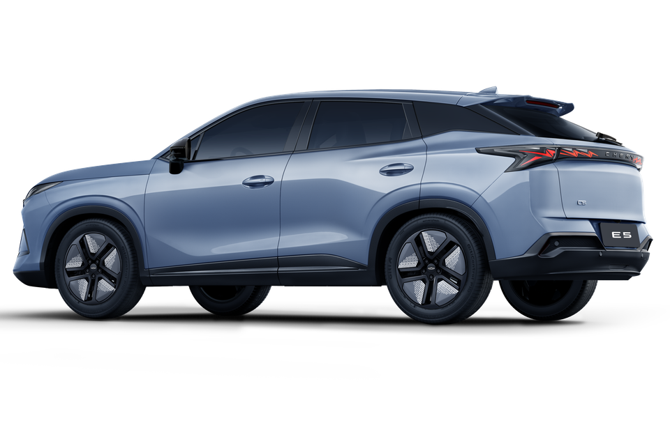 A blue-grey Chery E5 SUV shown from the rear three-quarter angle on a white background