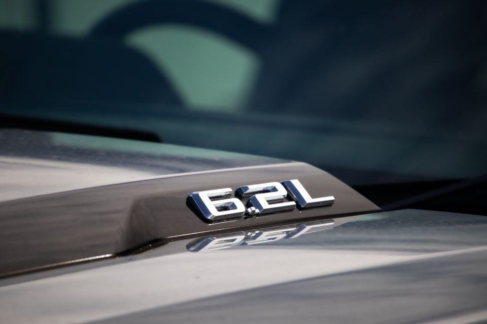A 6.2L engine displacement badge on the hood scoop of a Chevrolet Silverado ZR2