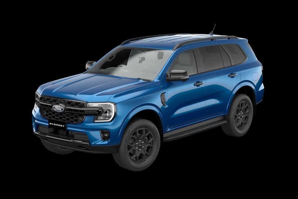 A blue Ford Everest Sport SUV shown from the front quarter angle against a black background
