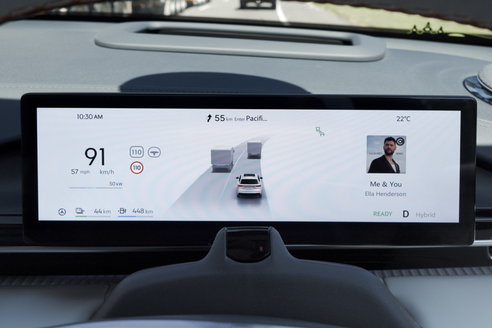 Digital instrument cluster in the 2027 Geely Starray EM-i showing speed, driver assist visualisation of traffic ahead and music playback