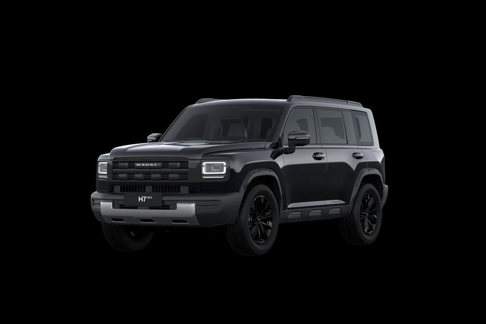 A black 2027 GWM Haval H7 HEV SUV seen from the front left against a black background