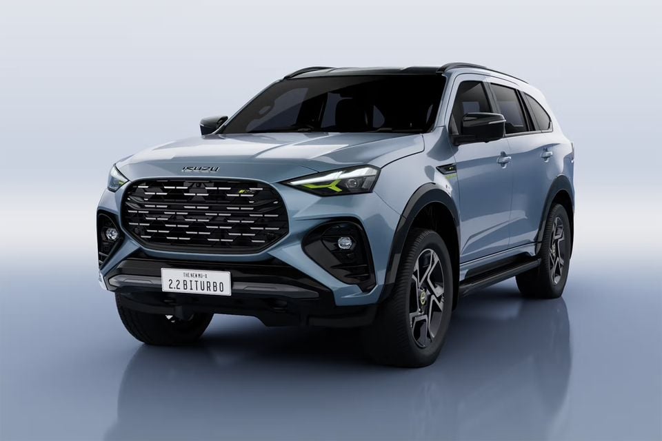 A light blue 2027 Isuzu MU-X SUV with a black grille and green-accented headlights, seen from the front in a studio