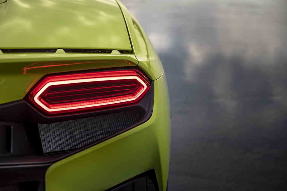 Close-up of the rear taillight on a green 2027 Lamborghini Temerario