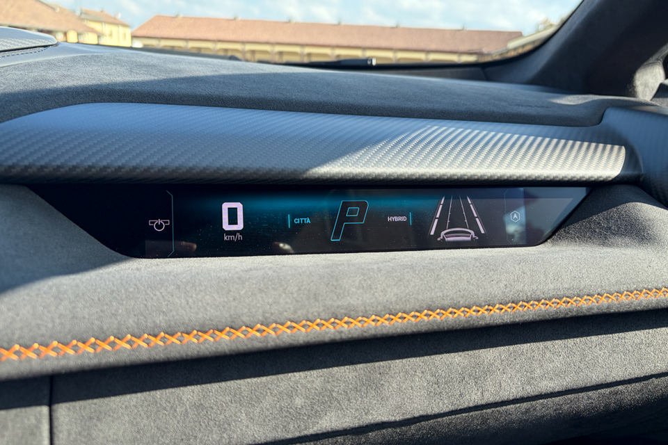 Close-up of the digital instrument cluster in a Lamborghini Temerario, showing 0 km/h speed and the gear set to Park