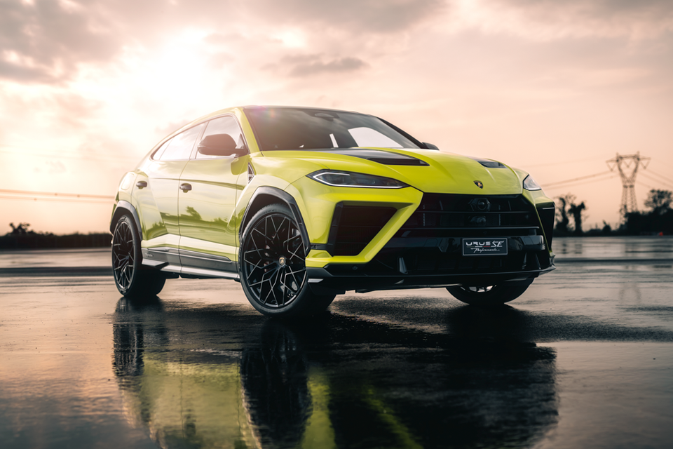 A lime green 2027 Lamborghini Urus SE Performante SUV parked on a wet surface at sunset, seen from the front.