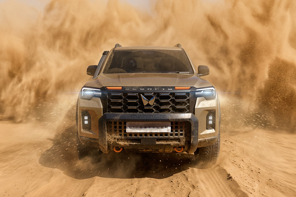 A Mahindra Lifestyler SUV driving through a sandy desert, seen from the front, kicking up dust around it