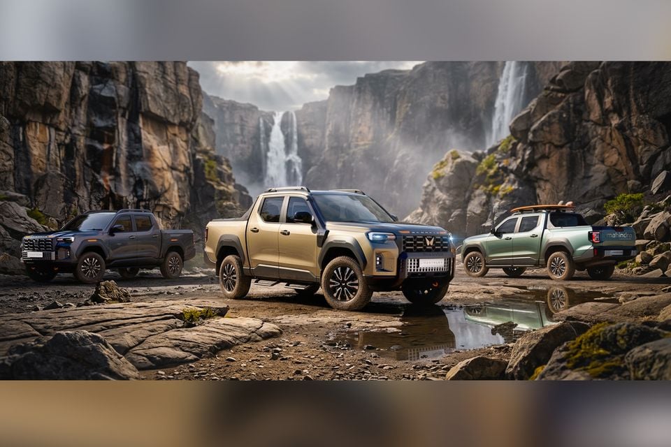 Three Mahindra ute concepts posed on rocky terrain in front of a dramatic canyon and waterfall backdrop, showing front-side, front, and rear views of the dual-cab pickups in gold, blue, and green