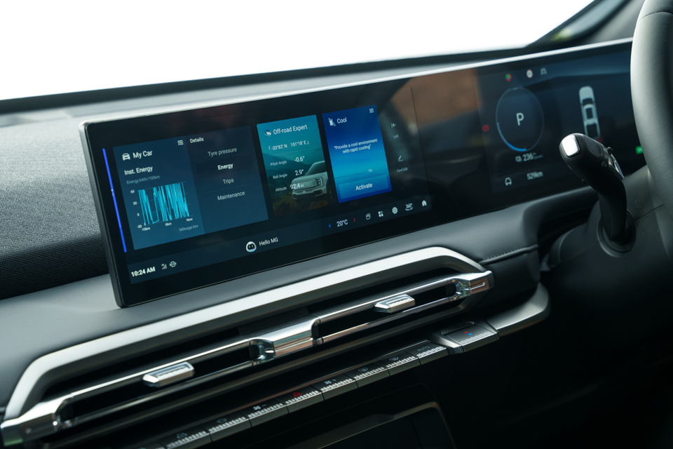 Dashboard of the 2027 MG U9 EV ute showing a wide touchscreen with energy and off-road displays, digital driver display and column gear selector