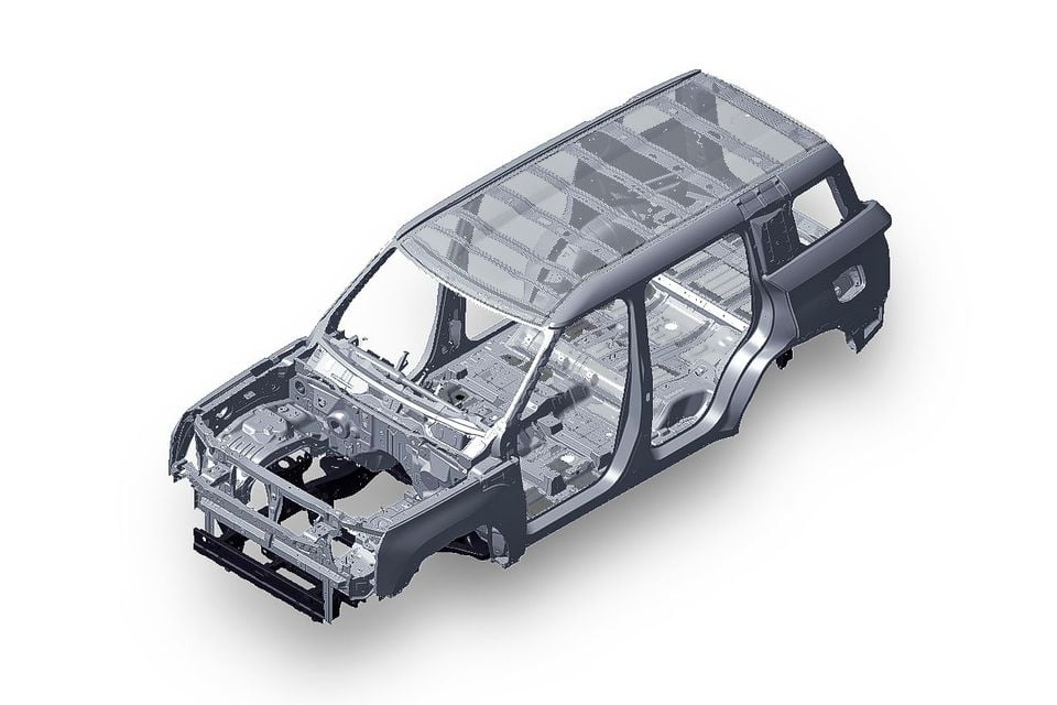 The bare steel body-in-white structure of the 2027 Mitsubishi Pajero SUV, shown from a front three-quarter overhead angle against a white background.