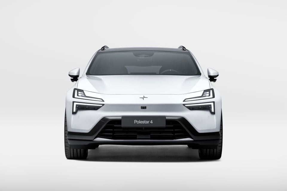 White Polestar 4 SUV seen from the front, shown against a plain studio background.