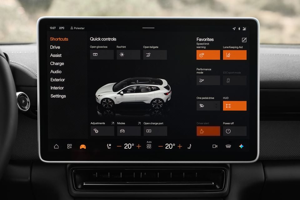 Central touchscreen in the 2027 Polestar 4 dual motor SUV showing quick controls, driver assistance shortcuts and climate settings