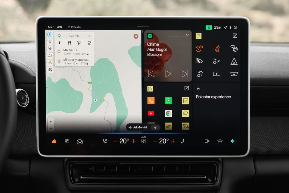 The 2027 Polestar 4 central touchscreen showing a map, Spotify music player, app shortcuts, a Gemini assistant button and climate controls