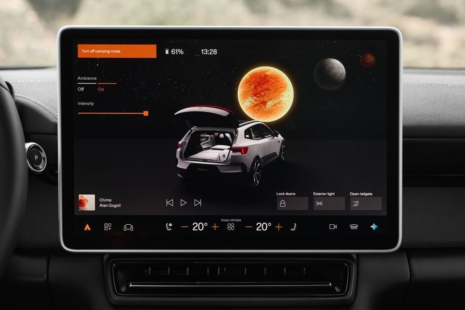 Infotainment touchscreen in a 2027 Polestar 4 showing camping mode, with ambient lighting controls, media player and climate settings