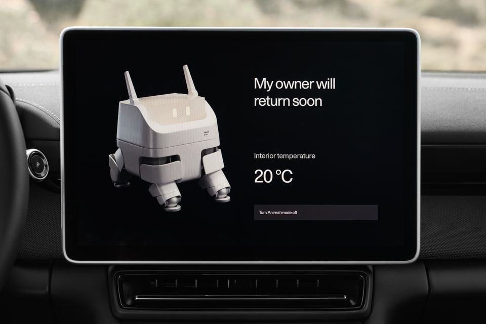 Infotainment touchscreen in a 2027 Polestar 4 showing Animal mode with a robot graphic, a 'My owner will return soon' message and a 20°C cabin temperature